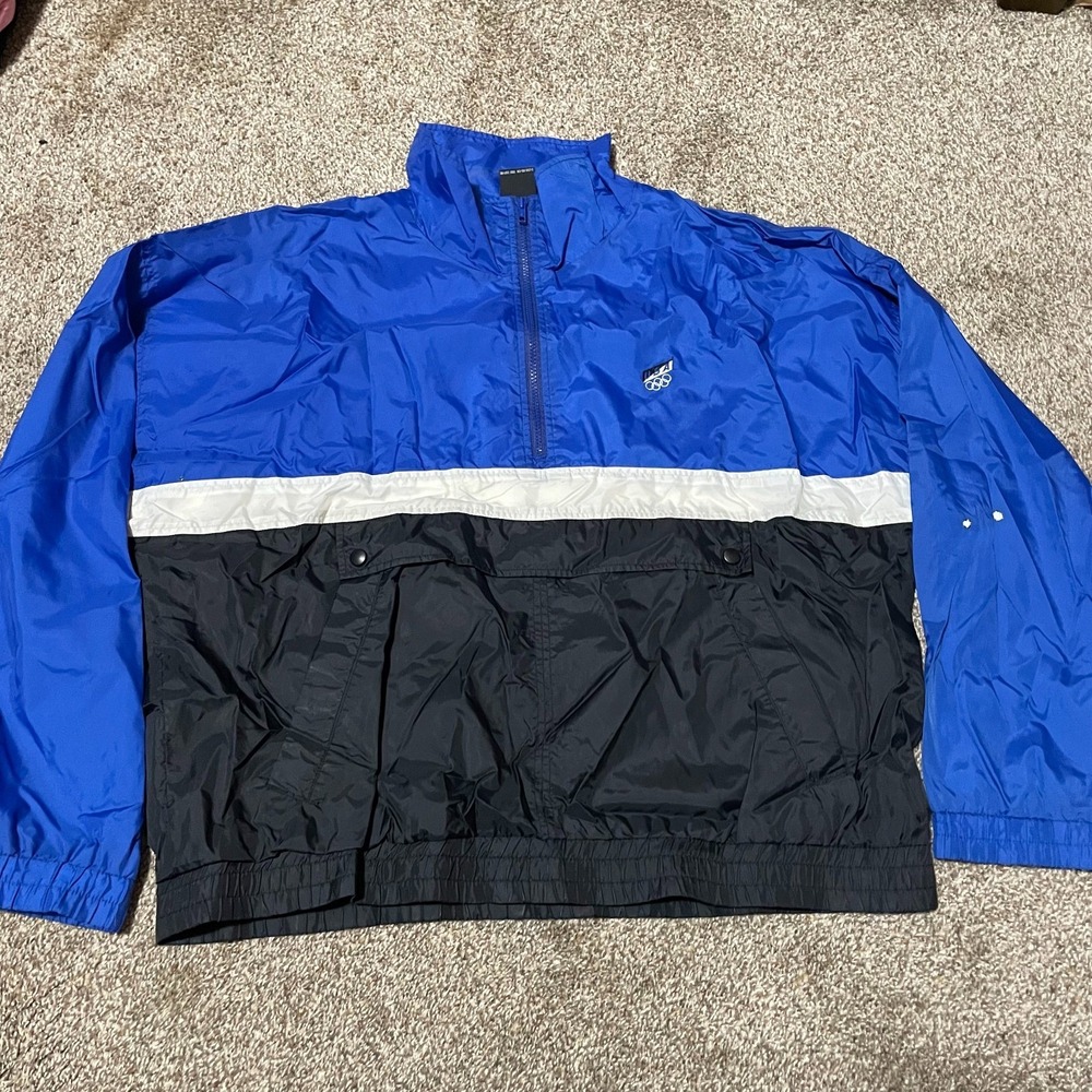 Vintage USA Olympic Brand Windbreaker Mens Blue Black Colorblock Quarter Zip L